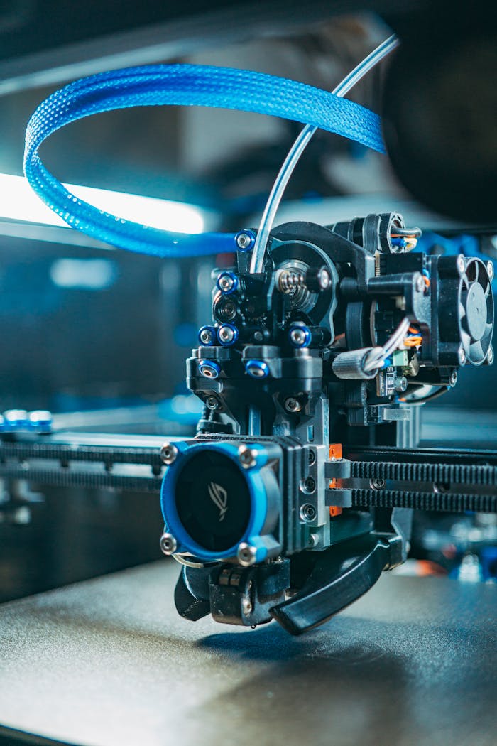 pexels-photo-19783065 Detailed close-up of a modern 3D printer functioning indoors, showcasing advanced technology.
